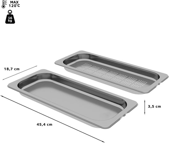 2 Dampfbehälter(gelocht/ungelocht)  35 x 454 x 187 mm Edelstahl, spülmaschinengeeignet HZ66D52